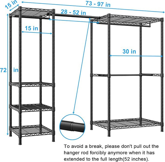 Ulif E10 Clothes Rack（With Stretchable Hanger Rod）Freestanding Clothing Racks for Hanging Clothes，Adjustable Closet Organizer System，Portable Garment Rack 73-97"W x 15" D x 72" H，Max Load 800LBS，Black