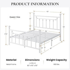 SHA CERLIN 14'' Queen Size Metal Platform Bed Frame/Victorian Headboard and Footboard/Steel Slats Mattress Foundation for Storage/No Box Spring Needed/Noise Free/White