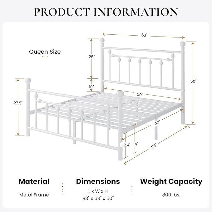 SHA CERLIN 14'' Queen Size Metal Platform Bed Frame/Victorian Headboard and Footboard/Steel Slats Mattress Foundation for Storage/No Box Spring Needed/Noise Free/White