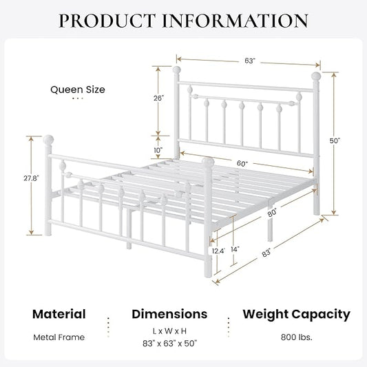 SHA CERLIN 14'' Queen Size Metal Platform Bed Frame/Victorian Headboard and Footboard/Steel Slats Mattress Foundation for Storage/No Box Spring Needed/Noise Free/White
