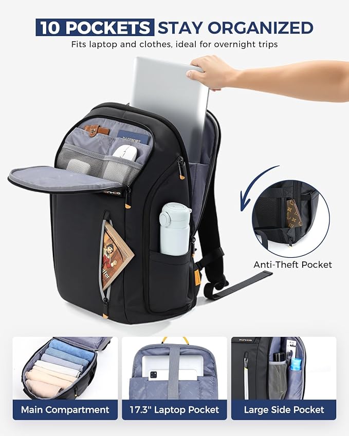 18 Inch Laptop Backpack for Men, Business Travel Anti-Theft Backpack with USB Charging Port, Water Resistant Computer Bag Carry On Flight Approved for Work College Weekender, Black