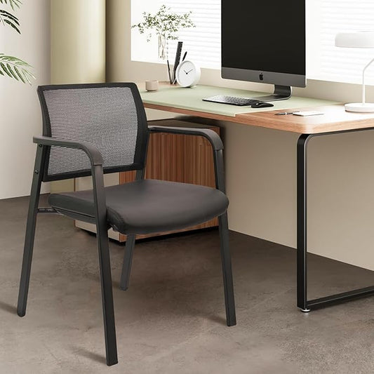 CLATINA Stackable Office Chair, Mesh Back Guest Chairs with Comfortable Leather Seat Arms Stacking Ergonomic Desk Chair No Wheels for Conference Waiting Reception School Stationary, Black, Set of 8