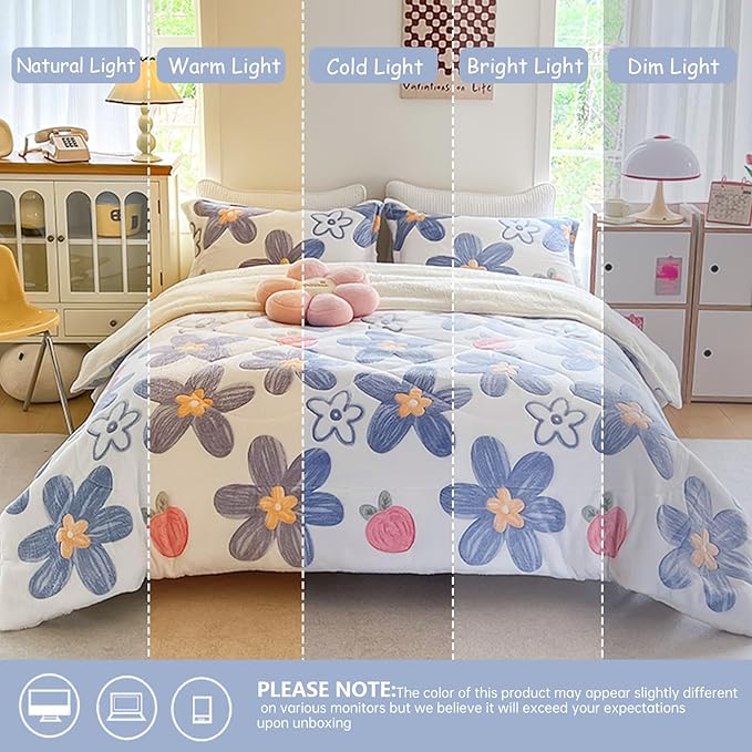Blue Floral Fleece Fluffy Comforter Set - 3 Piece Twin Size Thick Comforters for Her Girls,Plush Cozy Warm,Soft Microfiber Bedding Bedroom Decor for Winter All Season (1 Comforter + 2 Pillow Shams)