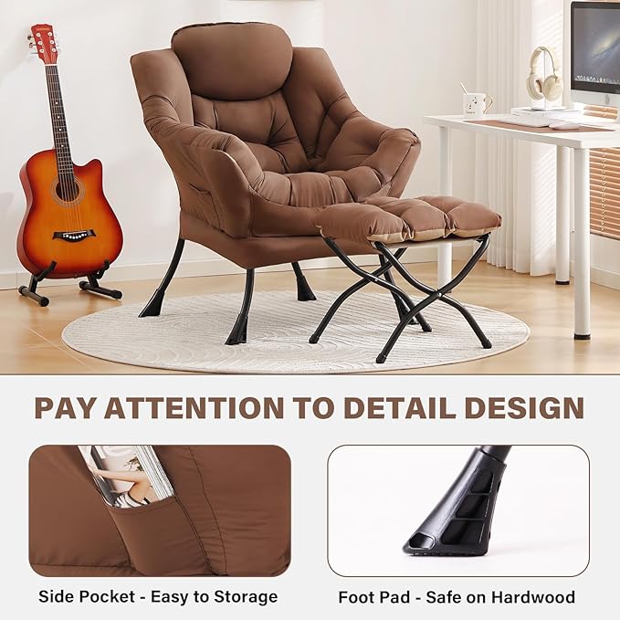 Tiita Lazy Chair with Ottoman, Modern Large Accent Lounge Armchair, Comfy Leisure Sofa Reading Chair with Footrest for Bedroom, Living Room, Dorm Rooms, Garden and Courtyard, Brown