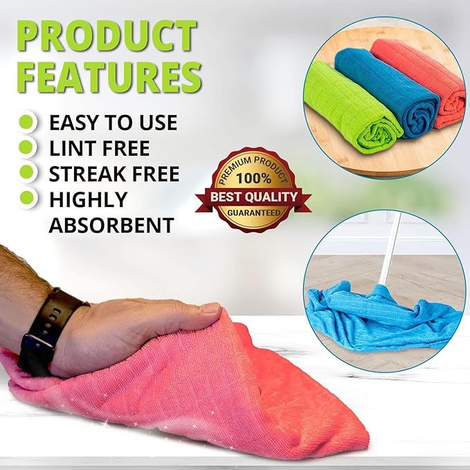 HELOMOR 12 Extra Large Floor Microfiber Cleaning Clothes, 30"x18" for Squeegee Mop, Multi-Purpose Color Rags, Reusable for House Floor Kitchen Car Window Highly Absorbent, Lint and Streak Free