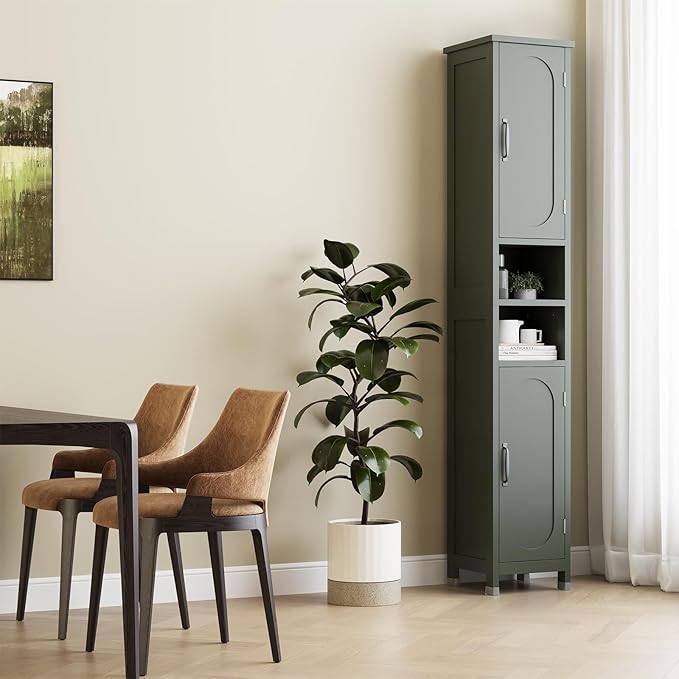 67" Tall Bathroom Storage Cabinet with Lights, Slim Narrow Bathroom Cabinet Organizer with Doors and Adjustable Shelves, Tall Cabinet for Small Space (66.9" Tall-Green with Light, 1 Pack)