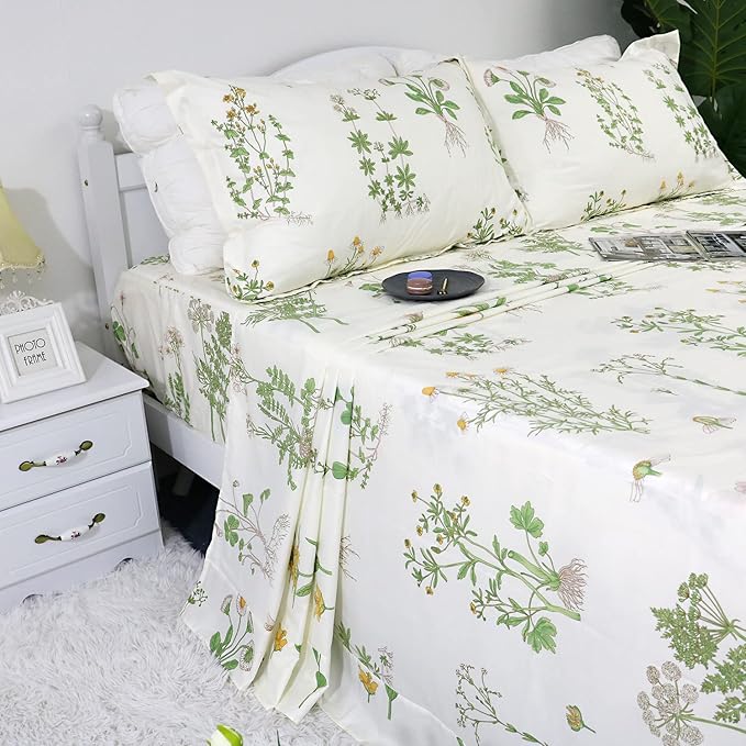 FADFAY King Bed Set Girls Bedding Farmhouse Bedding 100% Cotton Floral Bed Sheets Deep Pocket Flower Fitted Sheet Set Cozy House Sheets for All-Season (4Pcs, White, King Size)