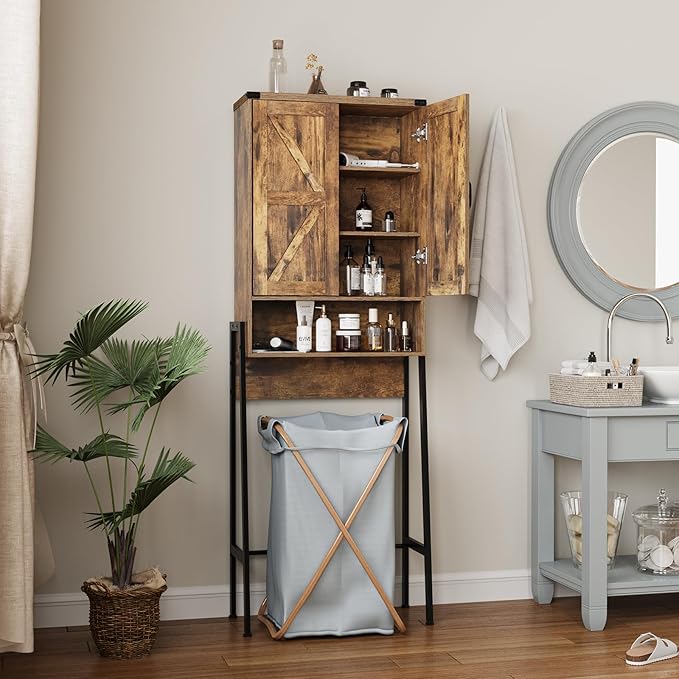 Vabches Over The Toilet Storage Cabinet with 2-Door Design Bathroom Organizers and Storage with Anti-Tip Device Over Toilet Organizer with Shelves for Bathroom,Restroom,Laundry Brown