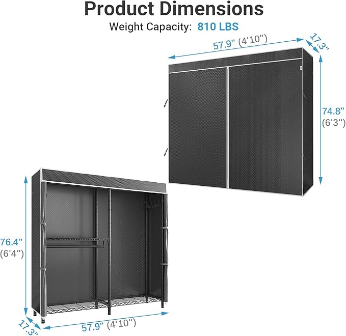 VIPEK V4C Garment Rack with Cover, Heavy Duty Portable Closet Adjustable Metal Clothing Rack for Hanging Clothes with Hanging Rods & Side Hooks, Max Load 810lbs, Black Rack with Black Cover
