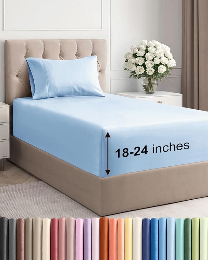 Extra Deep Pocket Twin Sheets - 3 Piece Breathable & Cooling Bed Sheets - Hotel Luxury Bed Sheet Set - Soft, Wrinkle Free & Comfy - Easily Fits Extra Deep Mattresses - Deep Pocket Light Blue Sheets