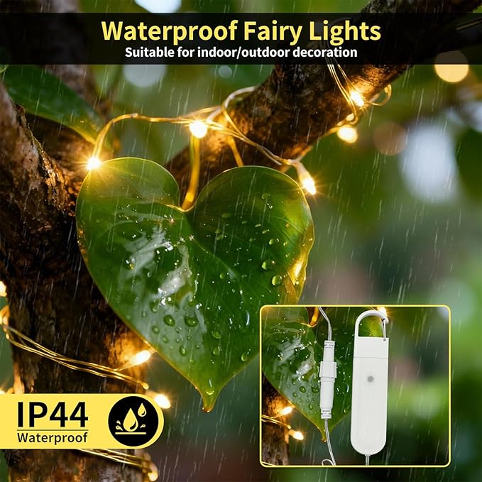 Rechargeable Fairy Lights Battery Operated, 33ft 100 LEDs String Lights with Remote, Waterproof, Mini Twinkle Lights for Bedroom, Christmas, Wedding, Indooor Outdoor Decor, Warm White