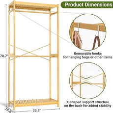 Homykic Bamboo Clothes Rack with Shelves and Double Hang Rods, Portable Closet System Garment Rack for Hanging Clothes, Tall Clothing Rack Corner Closet Organizer, Easy to Built, Natural