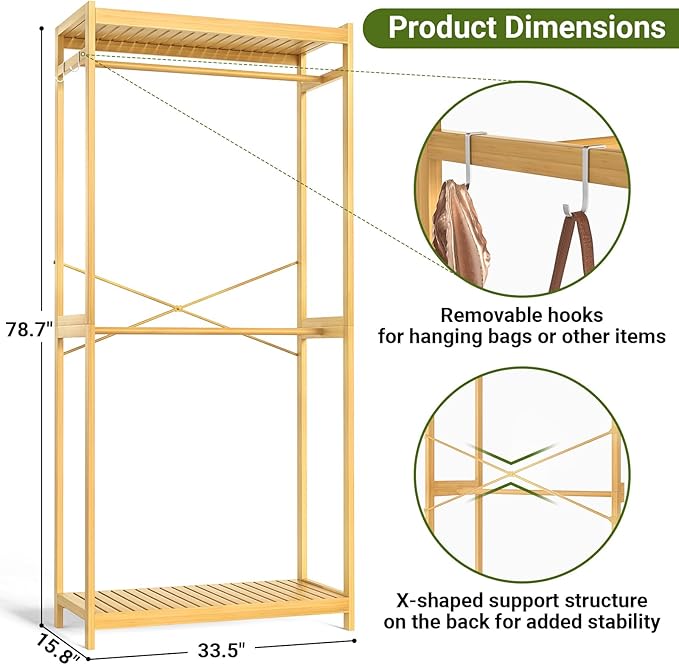 Homykic Bamboo Clothes Rack with Shelves and Double Hang Rods, Portable Closet System Garment Rack for Hanging Clothes, Tall Clothing Rack Corner Closet Organizer, Easy to Built, Natural