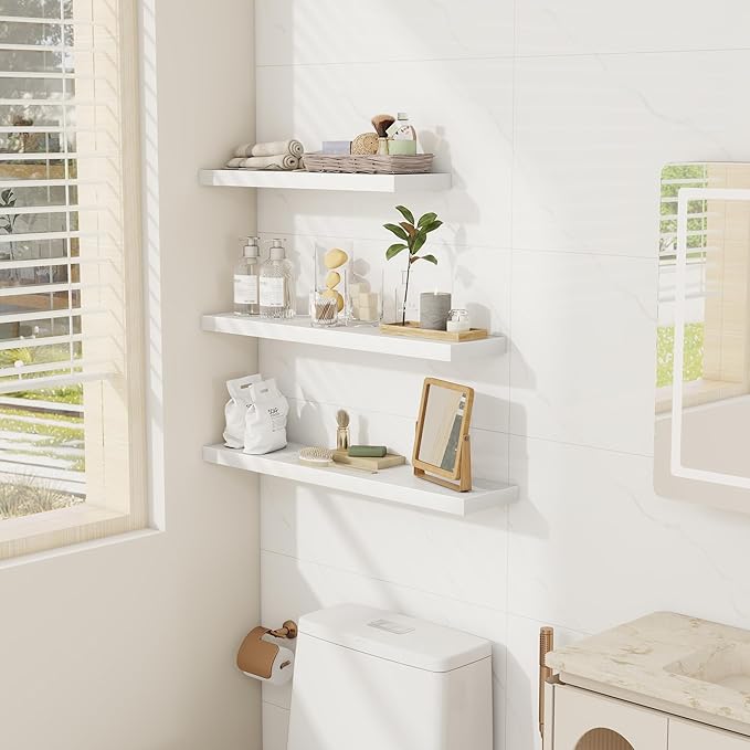 Fun Memories 30 Inch Floating Shelves Set of 3, Farmhouse White Wall Shelves for Kitchen, Living Room, Wall Mounted Bathroom Shelves in Black, 30 x 6.7 x1.4 Inch