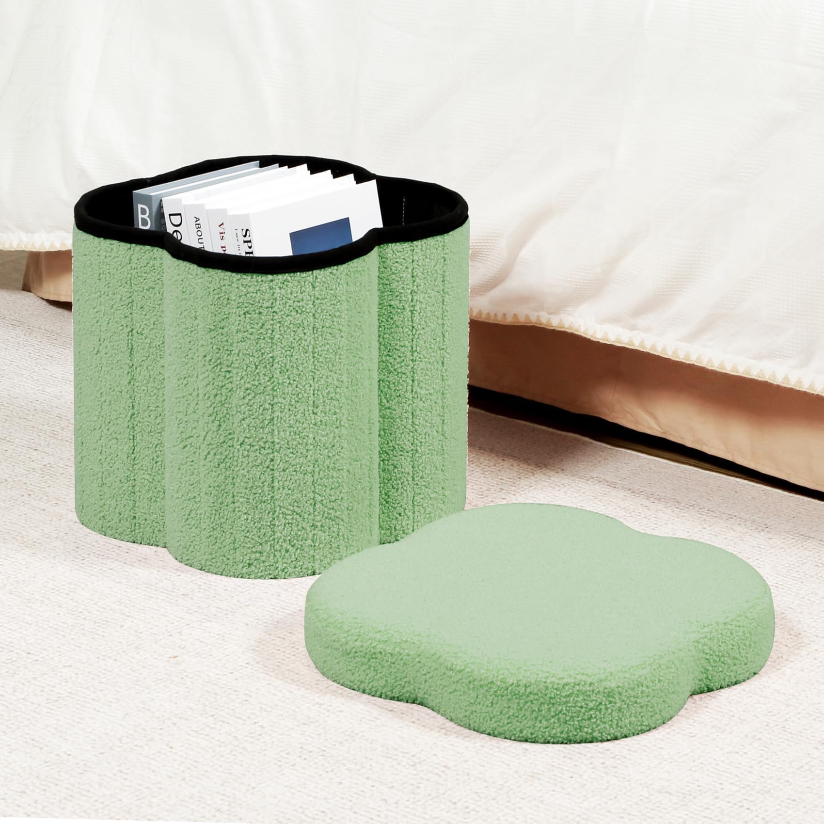 B FSOBEIIALEO Storage Ottoman Cube, Flowers Shaped Ottomans with Storage Foot Stool Footrest for Lving Room, Boucle Ottoman Seat for Dorm Room,Faux Teddy Fur,White 12.6"x12.6"x12.6" Dormly
