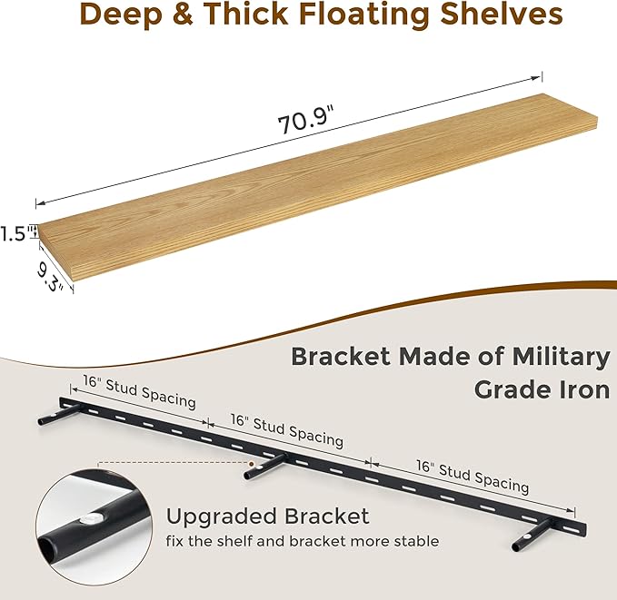 Fun Memories 72 Inch Floating Shelves for Wall, 72x9.3 Large Floating Shelf for Bedroom, Kitchen, Bathroom, Wall Mounted Rustic Wood Shelves with Invisible Bracket for Books, Decor, Oak