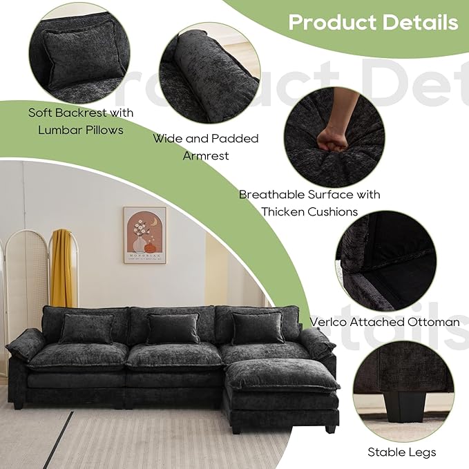 120" Modular Sectional Sofa, Comfy Cloud Couch Sectional Sofa with Ottoman, Chenille Sofa Sleeper Deep Seat Sofa with Throw Pillows for Living Room (Black, 120"- L Shape)