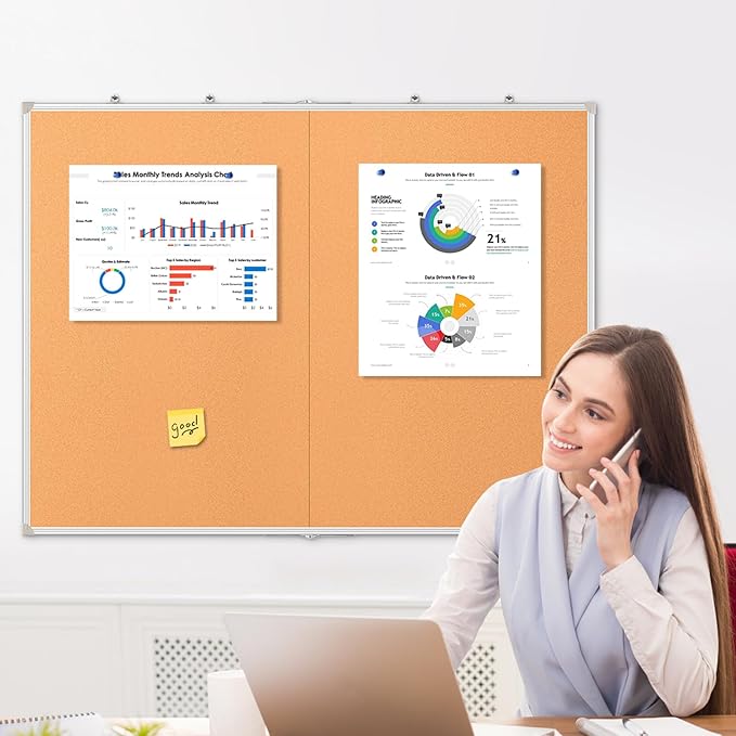 DOLLAR BOSS Foldable Cork Board, 60 x 40 Inch Corkboard, Extra Large Bulletin Board, Portable Double sided Aluminum Frame Wall Mounted Pin Board for Office School Supplies Dorm Decor with 20 Push Pins