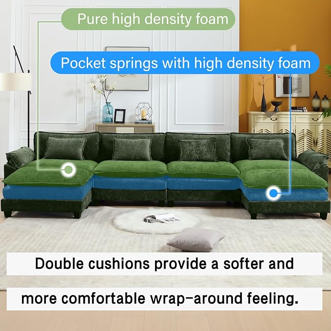 154" Modular Sectional Sofa, Comfy Cloud Couch Sectional Sofa with Ottoman, Chenille Sofa Sleeper Deep Seat Sofa with Throw Pillows for Living Room (Green, 154"- U Shape)