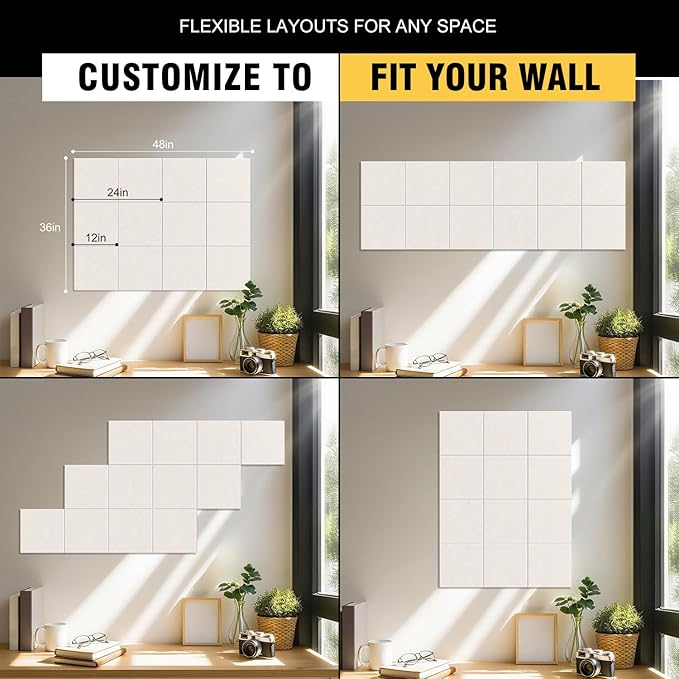 TSJOFFICE Large Cork Board for Wall - 48" x 36" Bulletin Board with 50 Pushpins for Office Decor, Pin Board 12 Pack Felt Wall Tiles with Safe Removable Adhesive Tabs, Corkboard for Home - Warm White