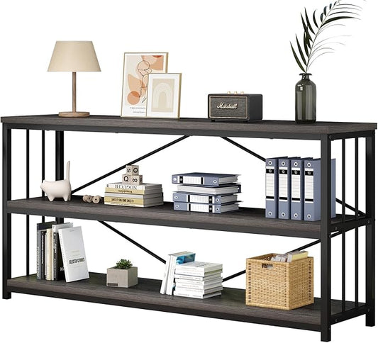 IBF Wood and Metal Book Shelf, Industrial Rustic Low 3 Tier Bookshelf, Farmhouse Long Wide Vintage Horizontal Bookcase, Modern Large Open Etagere for Home Office Living Room Bedroom, Gray Oak, 63 Inch