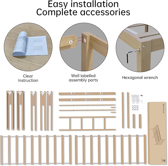 14 Inch Bamboo Bed Frame – Solid Wood Platform Bed Frame, Strong and Stable, with Non-Slip Slats for Support, No Box Spring Needed, Easy to Assemble, Noise-Free (Natural, Queen with Headboard)