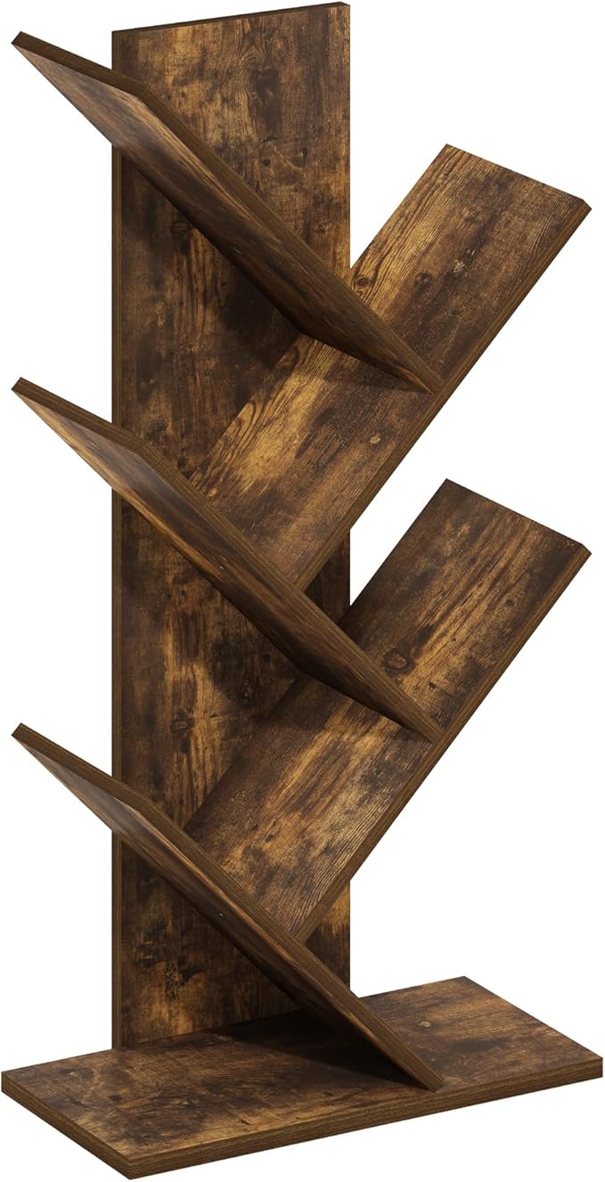 Furinno Tree Book Shelf, 5-Tier Bookshelf, Tree Bookcase for Room Decor, 8.4 x 15.7 x 30.3, for Living Room, Bedroom, Home Office, Amber Pine