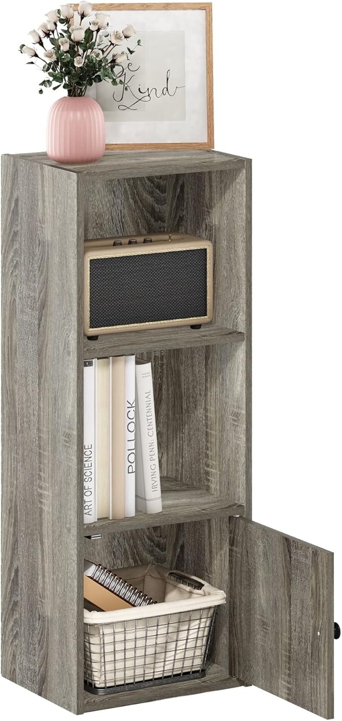 Furinno LUDER Book Shelf, 3-Tier Modern Bookshelf, Bookcase with 1 Door Storage Cabinet, 9.3 x 12 x 31.5, for Living Room, Bedroom, Home Office, French Oak