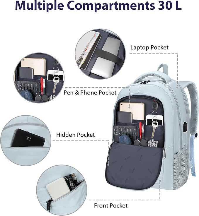 MATEIN Laptop Backpack 17 Inch, Womens Large Work Commute Backpack with USB Charging Port, Water Resistant Anti Theft Computer Bag for Students, Travel Daypack with Luggage Strap, Haze Blue