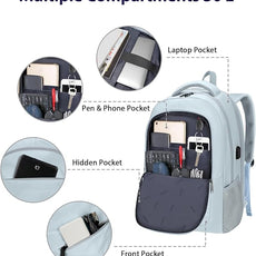 MATEIN Laptop Backpack 17 Inch, Womens Large Work Commute Backpack with USB Charging Port, Water Resistant Anti Theft Computer Bag for Students, Travel Daypack with Luggage Strap, Haze Blue