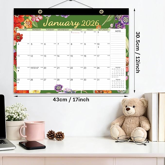 Desk Calendar 2026, Anti-Ink Bleed, Plastic Cover, Ample Space, Through July 2027 with Stickers, 17" x 12" Large Seasonal Wall Calendar 2026 for Home, Office, Student & Teacher Supplies- Flower