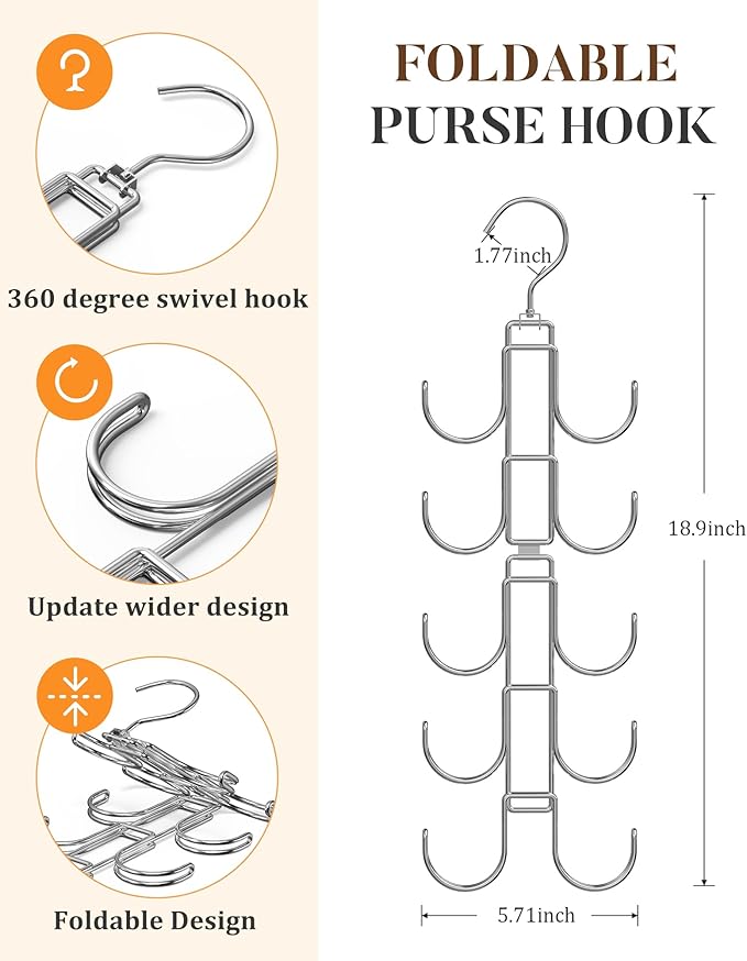 Purse Hanger for Closet, 360 Degree Purse Organizer with 10 Hooks Bag Handbag Hanger Hooks for Purse Hanging, Durable Purse Display Rack Space-Saving Bag Organizer for Women 2 Pack