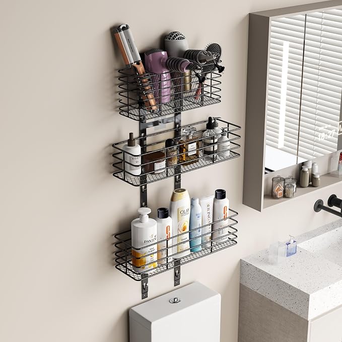 5-Tier Over The Door Organizer Bathroom - Hair Dryer Holder - Hair Tool Organizer Adjustable Height, DIY Bathroom Storage Shelf Wall Mounted for Flat/Curling Irons, Straighteners, Skincare