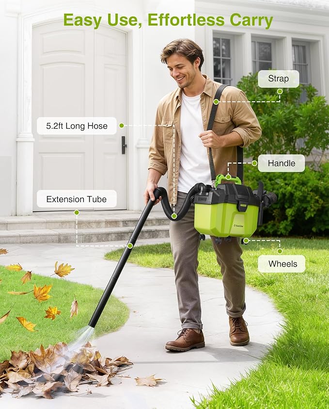 Cordless Shop Vac, 2.6 Gal 2x4.0Ah Battery Powered Shop Vac, 3-in-1 Cordless Shop Vacuum Wet and Dry with Strap, 4 Wheels, Accessory Storage Holder, Ideal for Garage, Car, Workshop