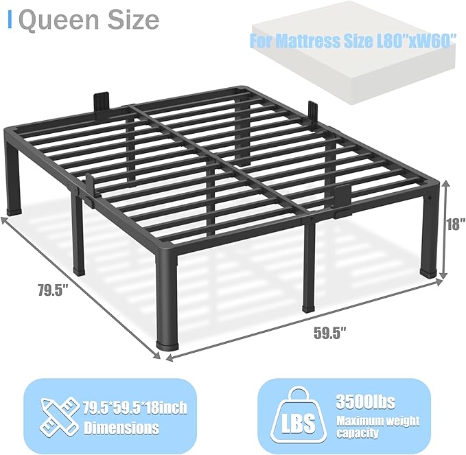 18 inch Queen Bed Frame with Round Corner Legs Mattress Slide Stopper,3500 lbs Heavy Duty Metal Platform,Steel Slats Support,No Box Spring Needed,Easy Assembly,Noise Free