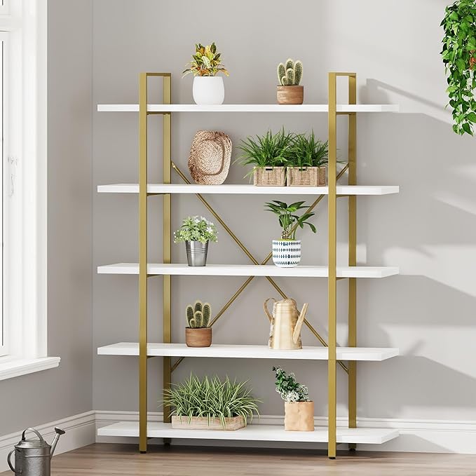 HSH 5 Tier White and Gold Bookshelf, Tall Storage Bookshelves for Bedroom Living Room Office, Metal and Wood Large Book Shelves, Modern Vertical 5 Shelf Bookcase, Farmhouse Big Open Display Book Shelf
