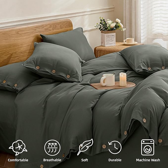JELLYMONI Cotton Duvet Cover Queen Size - Gray Comforter Cover with Button 100% Washed Cotton 3PCS Breathable Soft Solid Bedding Set Duvet Cover 90×90in & 2 Pillowcases (NO Comforter)