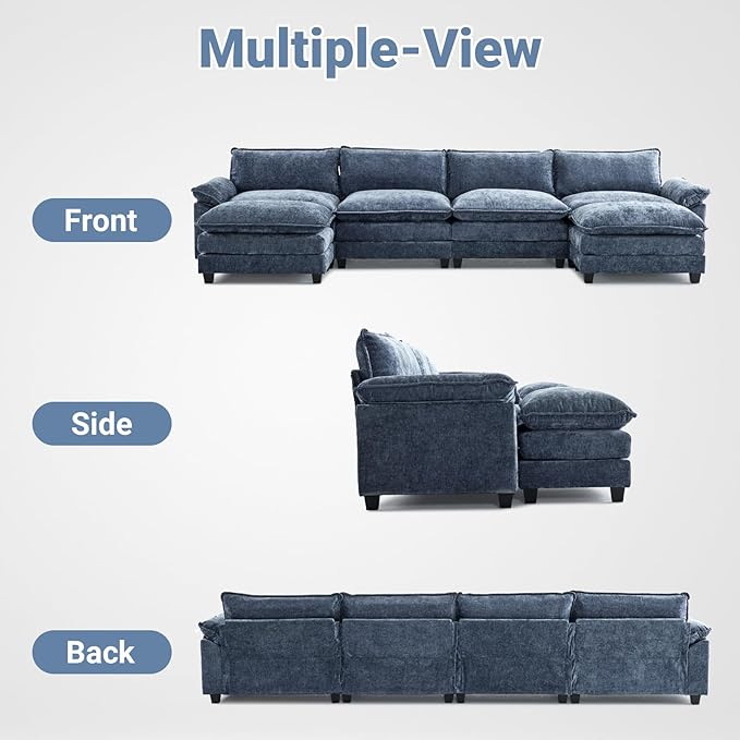 VINGLI 157" Cloud Navy Blue Convertible Sectional Sofa, Comfy U-Shape Extra Deep Seat Sofa Couch for Living Room,Modern Chenille 4-Seat Convertible Sofa with 2 Movable Ottomans for Small Space