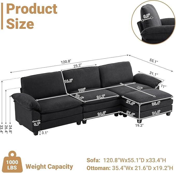 VINGLI 121" Cloud Linen Couch, Comfy Modular Sectional Sofa Set for Living Room,Modern 3-Seat Convertible Loveseat Sofa with 1 Ottoman for Small Space, Black