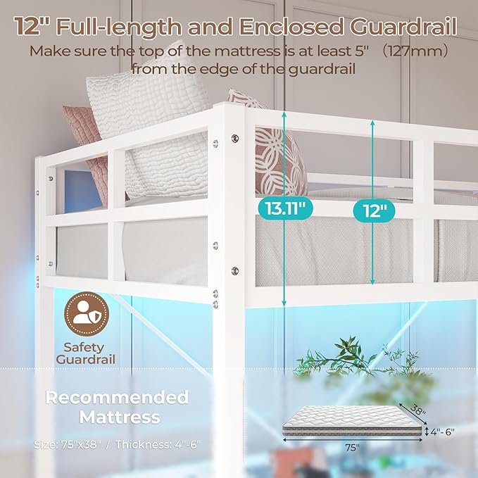 DICTAC Loft Bed Twin Size with Ladder and Guardrail,Metal Twin Loft Bed for Kid/Teen with Led Lights,Small Space Saving Furniture Design for Bedroom,Kid Room and Dorm,No Box Spring Needed, White