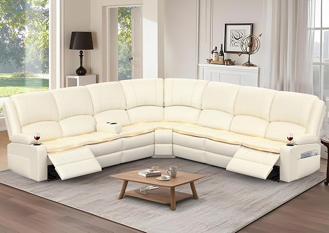 Manual Reclining Sectional Sofa Set, 7 Seats Soft Leather Recliner Corner Sectional Couch, Family-Sized L-Shaped Recliner Couch with USB Charging, Thickened Padding, Sturdy Frame, White