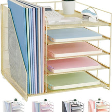 Desk Organizers and Accessories, 5-Tier Paper Letter Tray Organizer with File Holder, Desktop Organizer for Office Supplies (Gold)