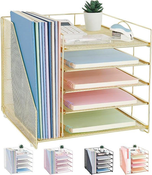Desk Organizers and Accessories, 5-Tier Paper Letter Tray Organizer with File Holder, Desktop Organizer for Office Supplies (Gold)