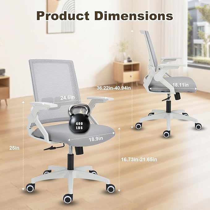 Your Perfect Home Office & Study Companion: Ergonomic Mesh Chair with Adjustable Lumbar, Flip-Up Arms & Tilt Lock - Modern Grey, 400lb Capacity, Durable & Comfortable