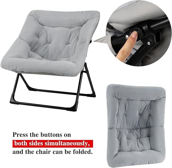 Comfy Saucer Chair for Adults, Set of 2, Soft Faux Fur Bedroom Chair, Accent Dorm Chairs, Flexible Living Room Reading Chairs, Oversized Folding Lounge Seat for Teens, X-Large, Grey
