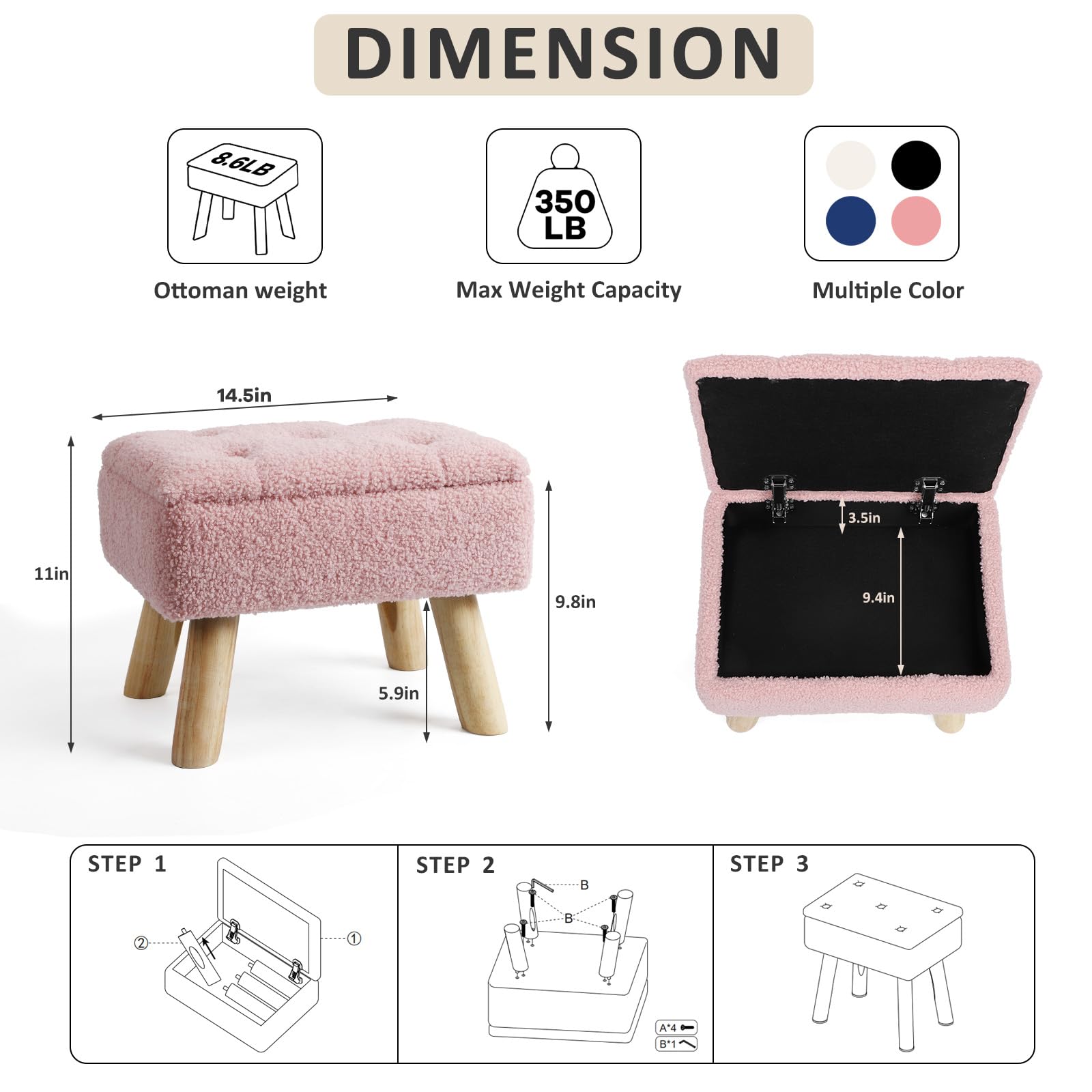 OGEMXU Storage Ottoman, Small Foot Stool Ottoman with Storage, Boucle Teddy Velvet Foot Rest with Padded Seat, Sturdy Wood Legs Stool for Living Room, Bedroom, Couch, Enterway (Cream) Dormly