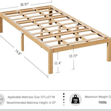 14 Inch Bamboo Bed Frame – Solid Wood Platform Bed Frame, Strong and Stable, with Non-Slip Slats for Support, No Box Spring Needed, Easy to Assemble, Noise-Free (Natural, Twin)