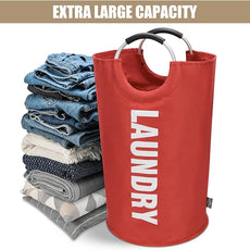 DOKEHOM 90L Large Laundry Basket, Collapsible Laundry Bag, Freestanding Tall Clothes Hamper, Foldable Washing Bin (Red)