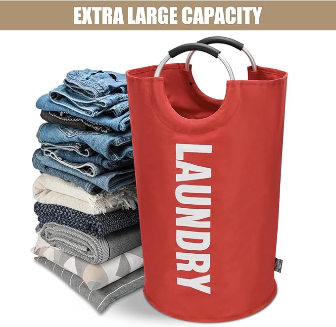 DOKEHOM 90L Large Laundry Basket, Collapsible Laundry Bag, Freestanding Tall Clothes Hamper, Foldable Washing Bin (Red)