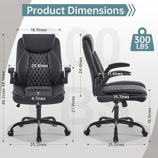 YFO Leather Office Ergonomic Home Office Desk Chair, Back Support Swivel Executive Office Chair with Wheels and Flip-Up Armrests, Small Gaming Chair with Adjustable Rocking Function, Black